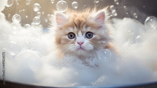 Cute Ashera kitten bathes in a bath with soap bubbles, looking at camera
