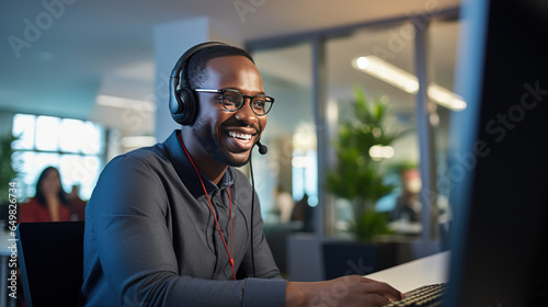 Male Telemarketer in Headset, Consulting Online Customer on Computer in Customer Support Office. generative AI