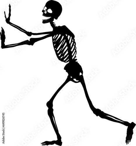 Silhouette of a pushing skeleton, built with one curve, without gradients or other effects, and with a solid colour. Vector.