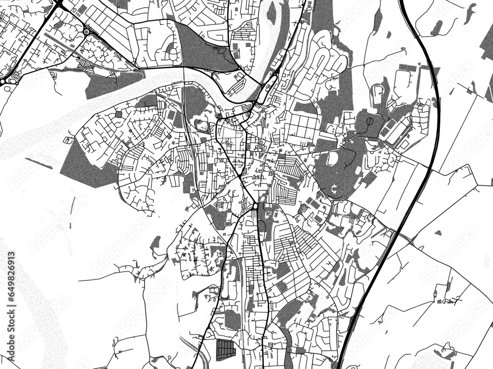 Obraz premium Greyscale vector city map of Lancaster in the United Kingdom with with water, fields and parks, and roads on a white background.