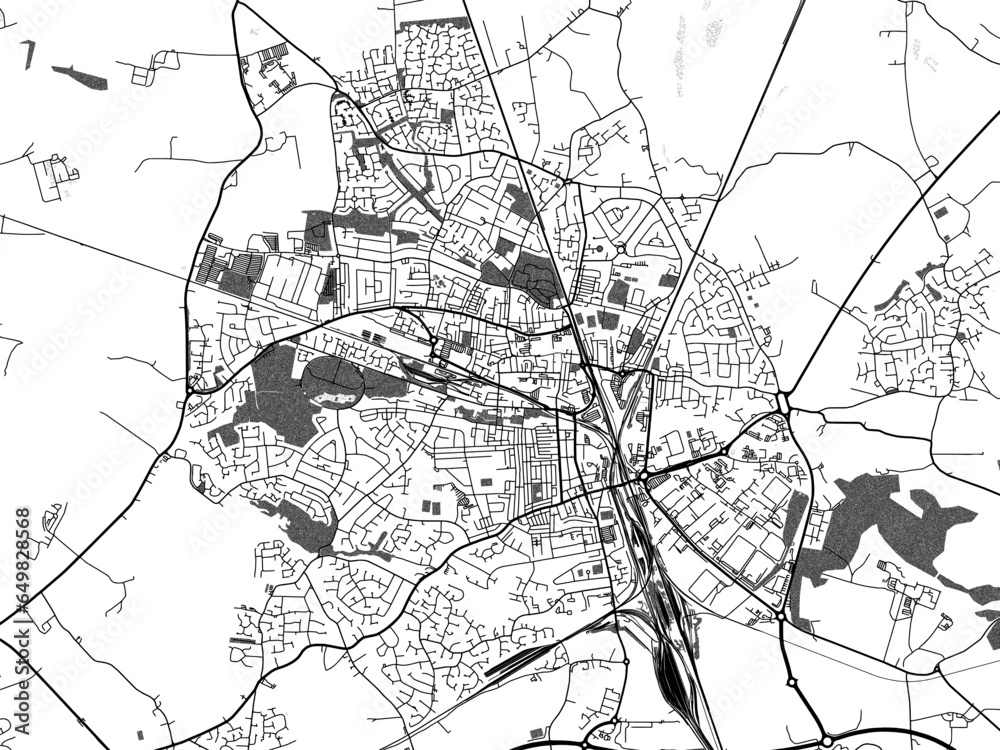 Greyscale vector city map of  Crewe in the United Kingdom with with water, fields and parks, and roads on a white background.