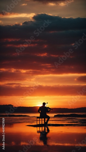Emotional Musician Silhouetted at Vibrant Sunset © GreenMatrixx