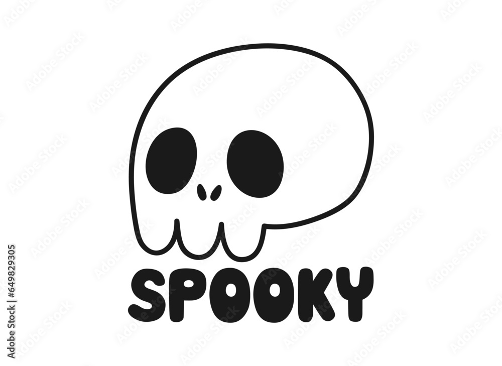Hand drawn cute cartoon illustration of skull. Flat vector Halloween sticker. Dead head with inscription in doodle style. Spooky lettering phrase. Isolated on white background. Hand drawn cute cartoon illustration of skull. Flat vector Halloween sticker. Dead head with inscription in doodle style. Spooky lettering phrase. Isolated on white background.