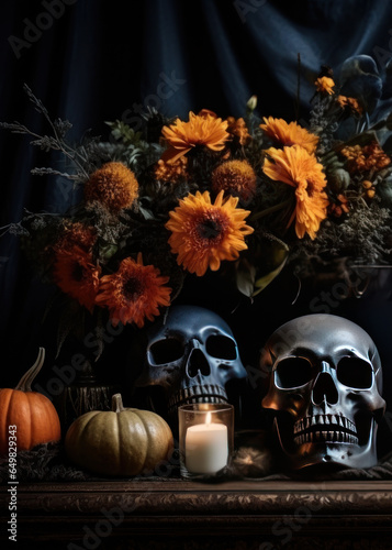  Dark Halloween still life with skulls, pumpkins, candles and autumn flowers