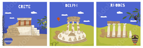 Vector illustration set of hand drawn cards, landmarks, attractions, sighns, symbols of Greece in doodle style. Tourism, travel.