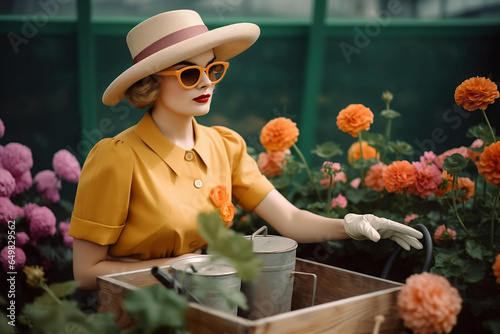 High contrast photo of young beautiful woman wearing 1960s style garden work clothes, apron, hat, taking care of flowers in wooden planting box. Lush cozy nicely shaded blooming garden with big trees