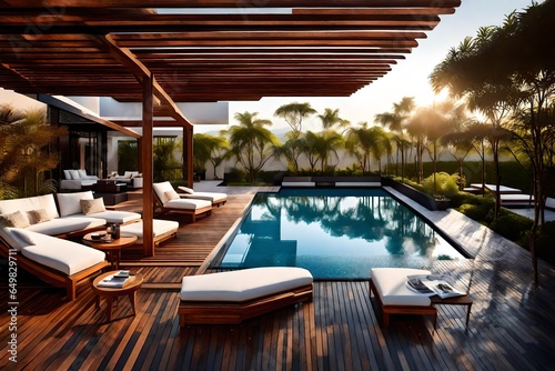 luxury hotel room with pool  a lavish side outside garden at morning  with a teak hardwood deck and a black pergola. Scene in the evening with couches and lounge chairs by the pool  generative
