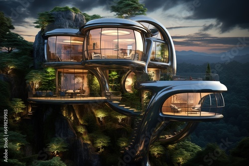 Futuristic Treehouse Retreat with suspended seating  panoramic forest views  and a futuristic  arboreal sanctuary. Futuristic treehouse home decor. 