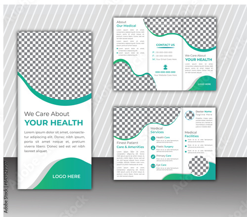 Creative medical clinic trifold brochure design template with green gradient shapes vector