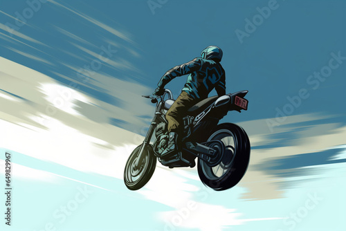 anime-style image of a human ridiing a motorcycle. Mid air jump, race, action | Generative Ai photo