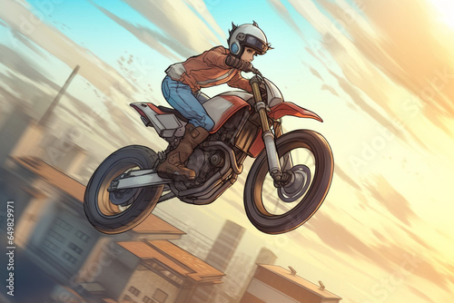 anime-style image of a human ridiing a motorcycle. Mid air jump, race, action | Generative Ai photo