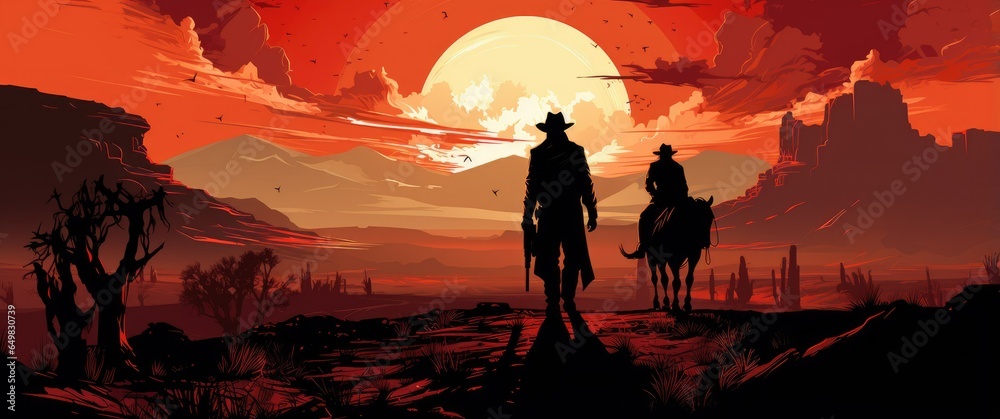 cowboy in desert on sunset