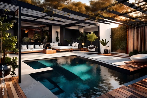 luxury hotel room with pool ,a lavish side outside garden at morning, with a teak hardwood deck and a black pergola. Scene in the evening with couches and lounge chairs by the pool, generative
