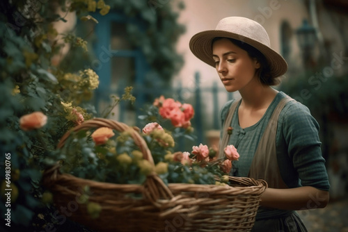 High contrast photo of young beautiful woman wearing 1900s style garden work clothes, apron, hat, taking care of flowers in wooden planting box. Lush cozy nicely shaded blooming garden with big trees