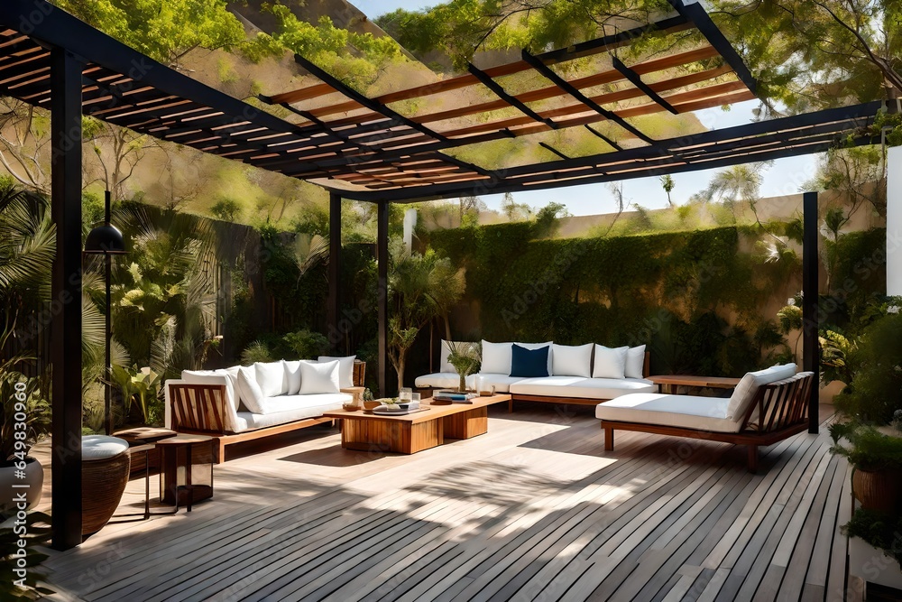 Fototapeta premium luxury hotel room with pool ,a lavish side outside garden at morning, with a teak hardwood deck and a black pergola. Scene in the evening with couches and lounge chairs by the pool, generative