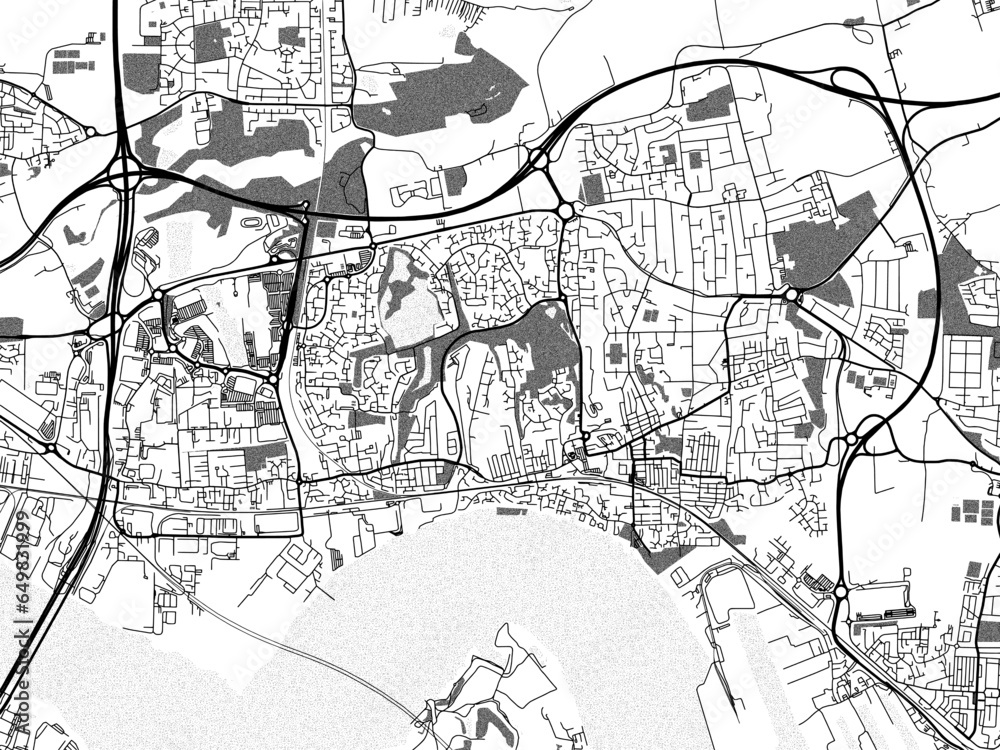 Fototapeta premium Greyscale vector city map of Grays in the United Kingdom with with water, fields and parks, and roads on a white background.