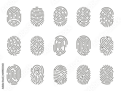 Fingerprint icons. Human thumbprint and finger print icons for security and investigation, biometric id protection and privacy. Vector flat collection