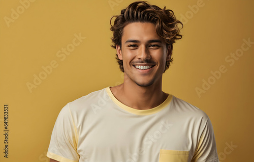 Young guy with blue shirt, sisolated on pink background. Handsome smilling male bends his elbows happily, enjoys some event in his life..Generative AI photo