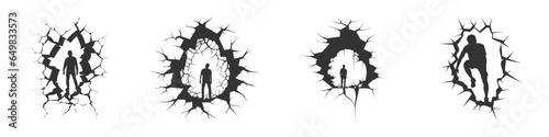 Illustration of a silhouette of a man through a hole in the wall. Vector illustration.