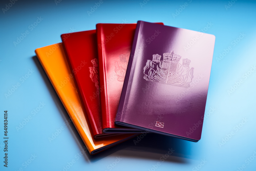 Diverse passports and immigration forms isolated on a multicolored gradient background  - obrazy, fototapety, plakaty 