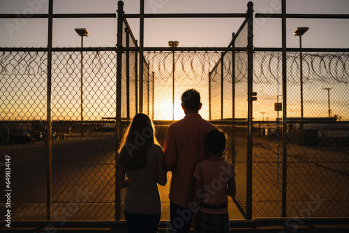 Embracing family at detention center gates heartfelt background with empty space for text 