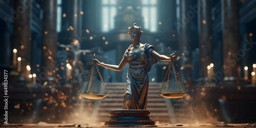 Lady Justice and scale， Symbol of Fairness and Law in Court Background