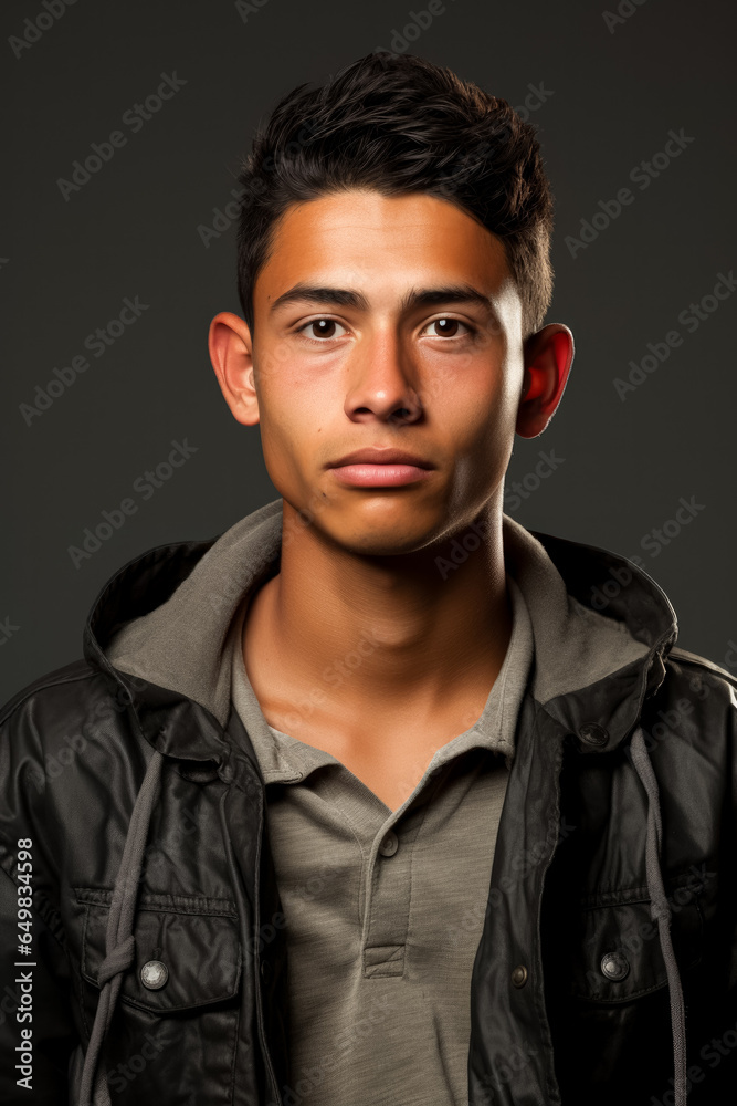 Young immigrants hopeful yet uncertain gaze isolated on a grey gradient background 