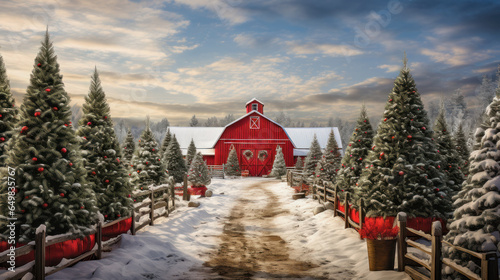 Illustration of a road to a wooden barn in the middle of the snow in the winter season with Christmas decoration Generative AI