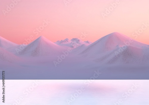 Pink sunset 3d illustration, minimalist palette, snow scenes, minimalist stage designs, soft-focus, fluid and organic Shallow lake, some mountains, art deco sensibilities, desertwave, romantic scenery
