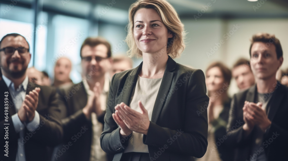 Business people applauding during a meeting in a conference room. Focus on the woman Business people applauding during a meeting in a conference room. Focus on the woman