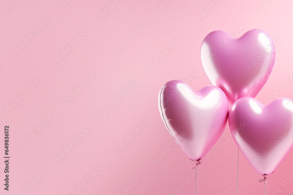 Foil air balloons on pastel pink background. Pink heart shaped helium balloons on pink background. Minimal love concept. Valentine's Day, wedding or party decoration. Metallic balloon, AI generated.