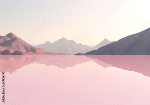 Pink sunset 3d illustration, minimalist palette, snow scenes, minimalist stage designs, soft-focus, fluid and organic Shallow lake, some mountains, art deco sensibilities, desertwave, romantic scenery