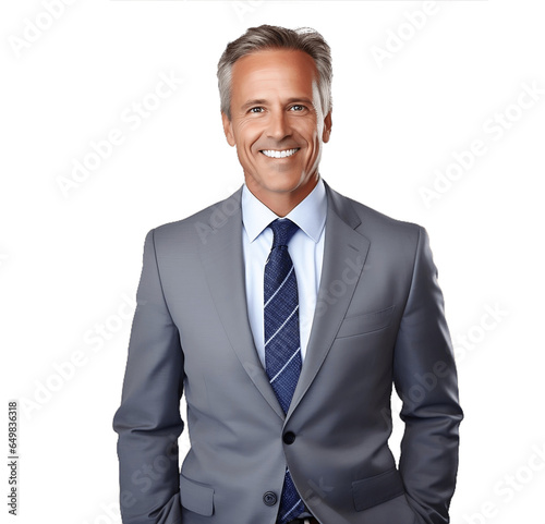 Middle-aged male business executive smiling happily on PNG transparent background
