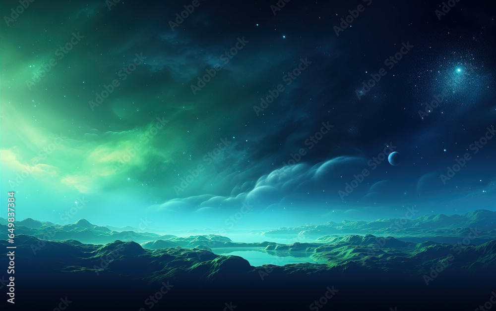 Abstract natural landscape background in blue and green tones,created with generative ai tecnology.