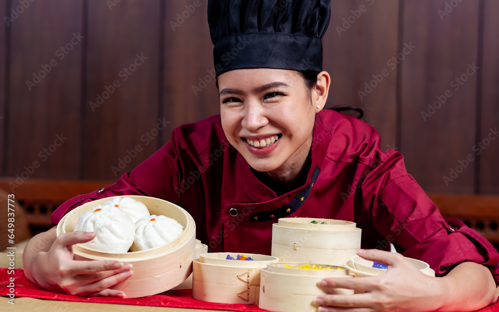 Portrait one beautiful traditional professional Chinese chef wearing