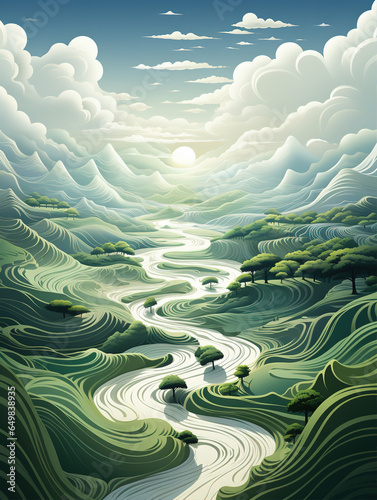 Green paper cut style landscape illustration,created with generative ai tecnology.