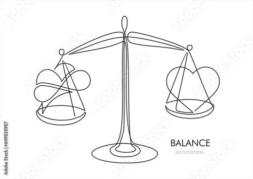 Emotion and intelligence balance, mind, feeling, choice, justice and mercy concept. continuous stylized modern drawing of Brain and heart on scales in equilibrium.