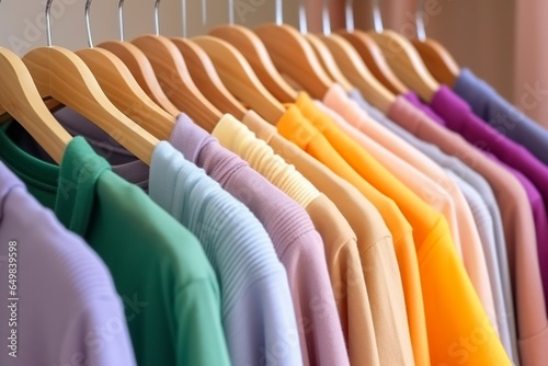 Colorful clothes on a clothing rack, pastel colorful closet in a shopping store or bedroom, rainbow color clothes choice on hangers, home wardrobe concept image.