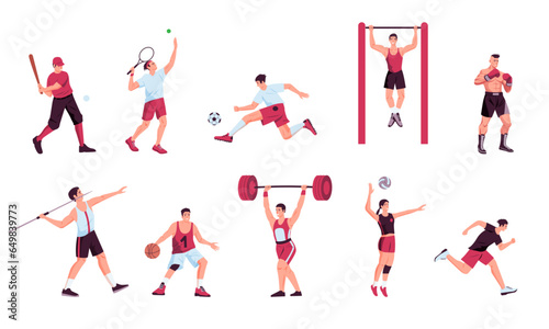 Athlete characters collection. Cartoon fitness and sports persons, active persons doing physical activity, male female characters in exercise clothes. Vector set
