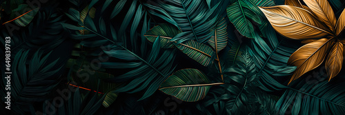  Beautiful dark botany or various tropical leaves decoration background.exotic fancy jungle nature elements.Horizontal banner photo