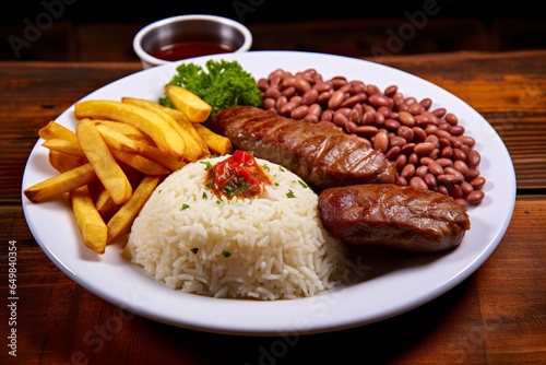 Rice, beans, French fries, and meat.