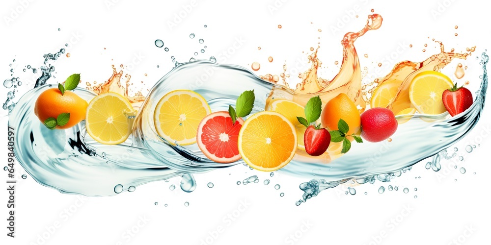 Swirl water splash with fruits. liquid flow with ice cubes and a mix of fresh fruits. Swirl water splash with fruits. liquid flow with ice cubes and a mix of fresh fruits.