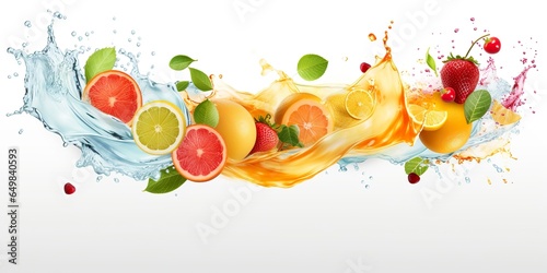 Swirl water splash with fruits. liquid flow with ice cubes and a mix of fresh fruits. photo