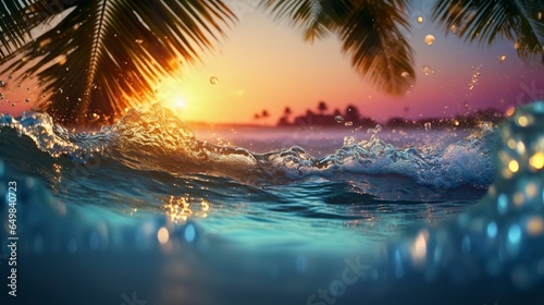 Beach with waves and coconut trees at sunset.