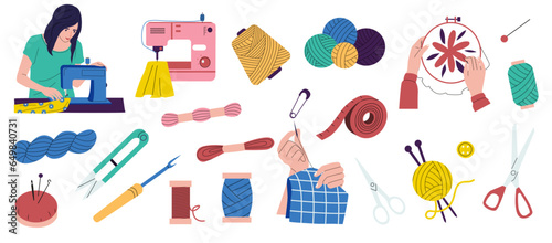 Hand sewing. Needlework tools with handmade embroidery, colorful equipment with yarn and fabric, flat colorful needlework collection. Vector set