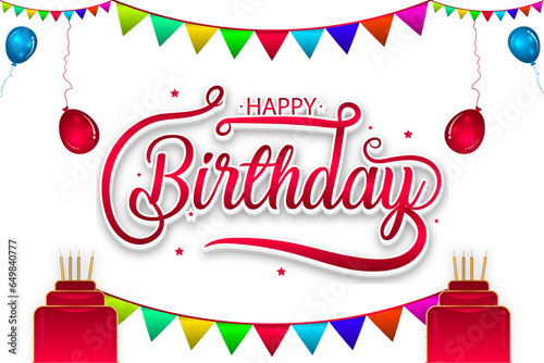 Photography Happy Birthday Red Text Calligraphy With Balloons And Confetti Golden Brush Typo