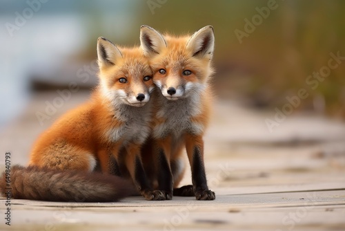Wild baby red foxes cuddling at the beach. © MstHafija