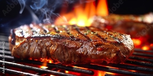 Beef ribeye steak grilling on a flaming grill.