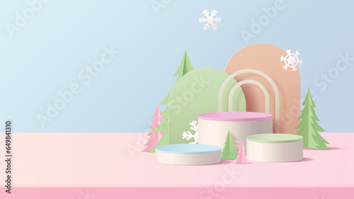 Abstract minimal mock up scene. geometry pastel color podium shape for show cosmetic product display. stage pedestal or platform. Christmas white background with tree xmas. 3D vector.