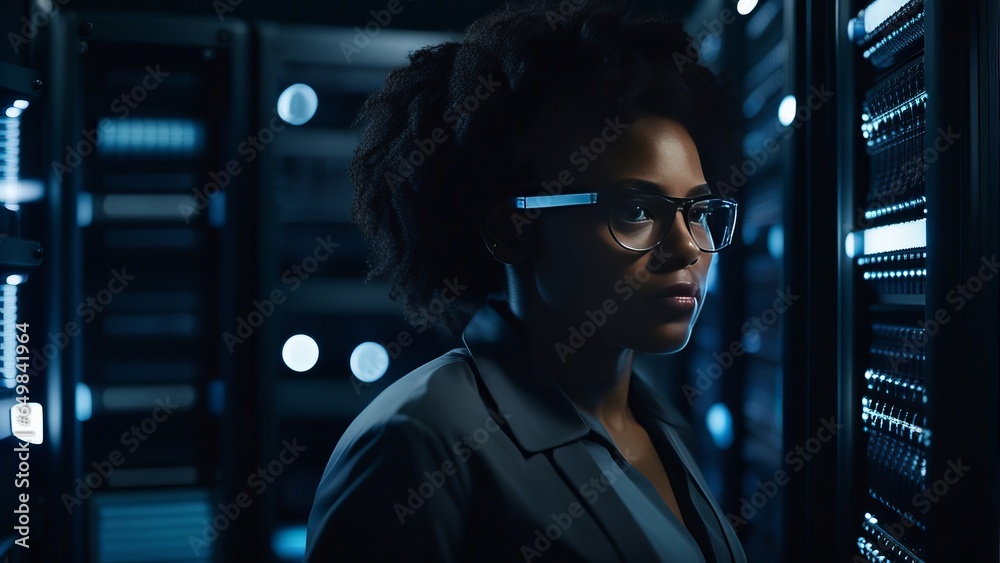 Laptop, network and data center with a black woman it support engineer working Laptop, network and data center with a black woman it support engineer working